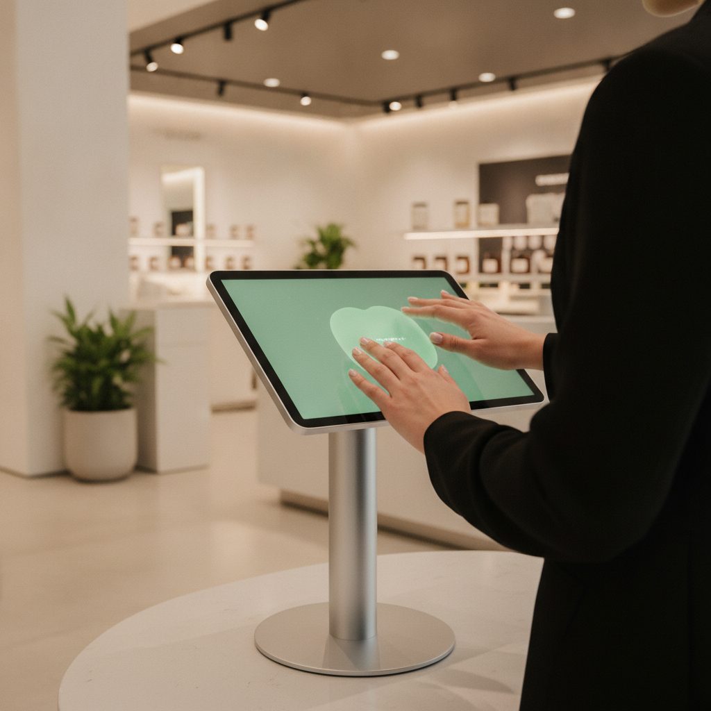 Self-check-in kiosk tablet on the counter of a dispensary