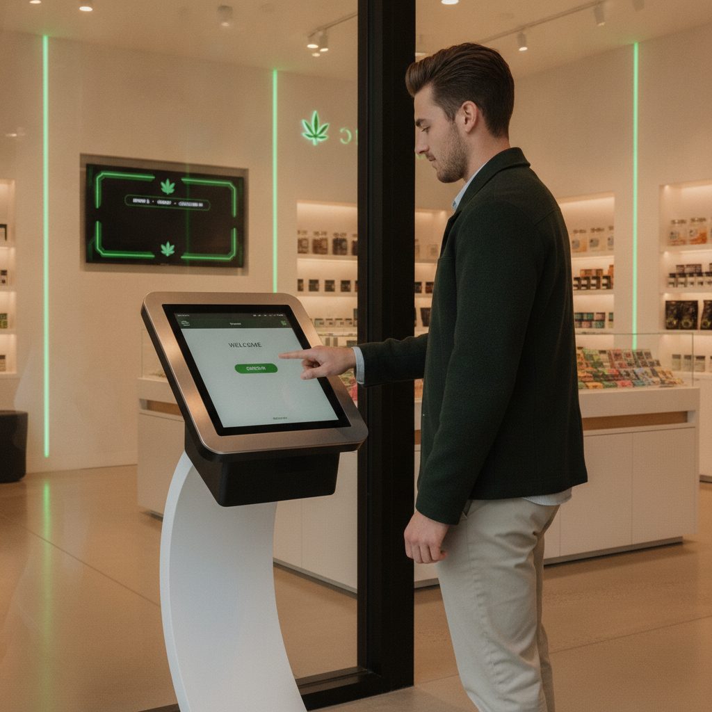 Customer checking in on a tablet kiosk at a cannabis dispensary